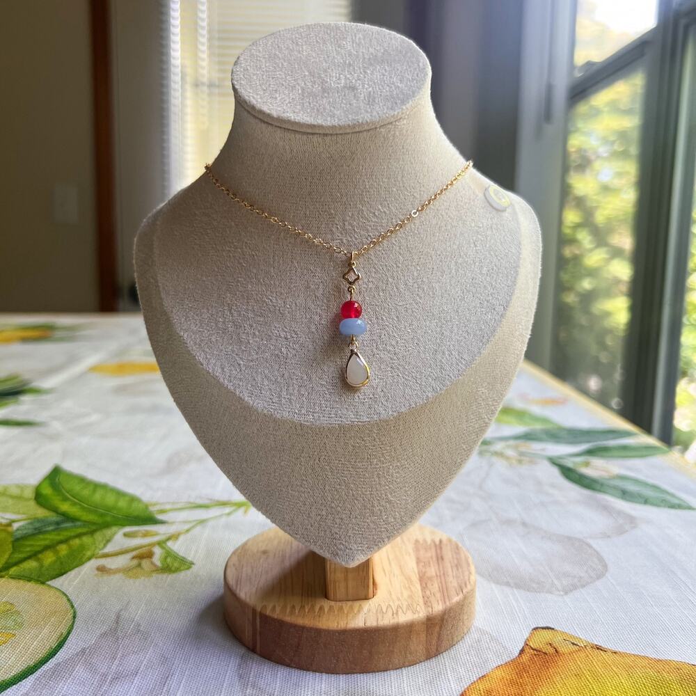 Red White Blue Jade Colorful Clover Charm Casual Boho Teardrop Necklace